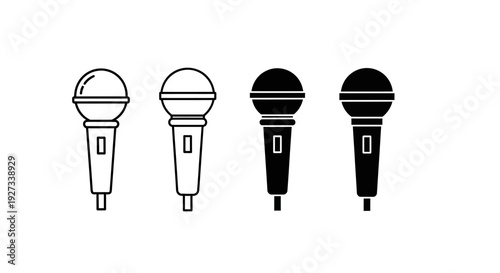 Four microphones in different styles and shades lined up in a row on a plain white background from a straightforward viewpoint.