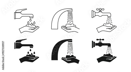Various faucet illustrations depict hands under running water in different styles and viewpoints