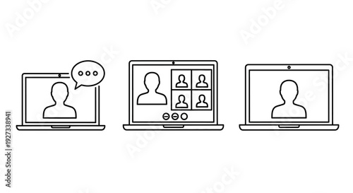 Three laptops illustrating a video conferencing setup with participants and a chat bubble on a clean white background from a straightforward viewpoint