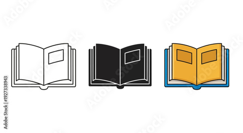A set of three open books with different colored covers displayed side by side on a clean background from a straightforward viewpoint
