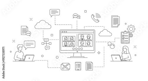 Remote team collaborates across a network using a central computer screen for video conferencing connected to cloud data and various communication documents.