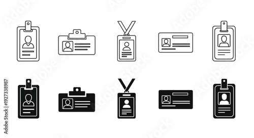 Collection of various identification badge icons displayed in a grid pattern showcasing different styles and designs