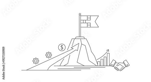 Business team achieves mountain peak success symbolized by a flag, upward financial arrow, gears, and a final handshake agreement on a white background.