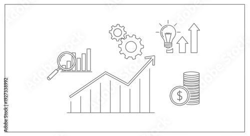 Ascending bar graph shows positive financial growth trend line accompanied by gears representing mechanism, lightbulb for ideas, and stacked coins indicating revenue.