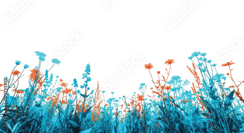 Vibrant close up of stylized wildflowers in a field featuring contrasting bright cyan blue and warm orange tones against a clean white background offering ample copy space