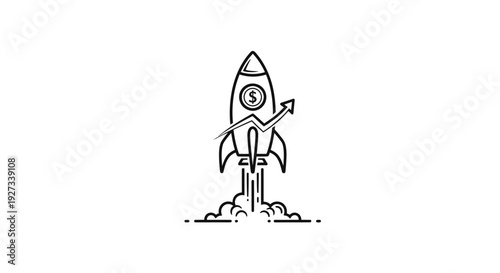 A stylized rocket launches upward emitting smoke while a rising arrow graph superimposed on its side indicates significant financial success and accelerated business growth trajectory.