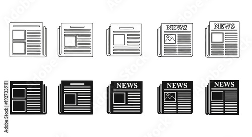 Collection of newspaper icons in various designs and shades displayed on a clean white surface from a straightforward view
