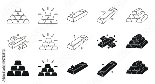 Collection of various coal pile and brick icons in different styles and views, isolated illustrations showcasing different perspectives and designs.