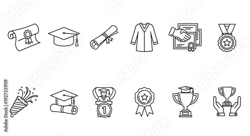 Line art illustrations of graduation and achievement icons, including hats, certificates, robes, medals, trophies, and awards, on a simple background from a straightforward viewpoint.