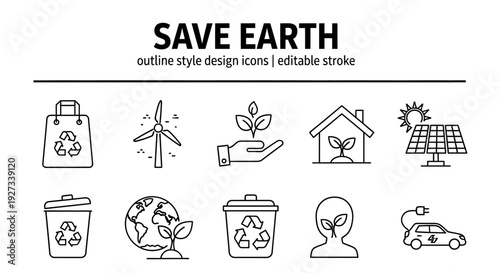 Eco-friendly icons illustrating sustainable practices for environmental conservation and green living