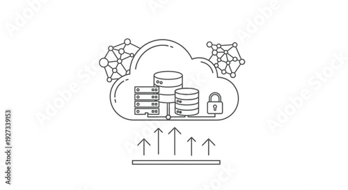 Cloud computing storage icon depicts stacked database servers and cylinders secured by a padlock, with upload arrows beneath network nodes.