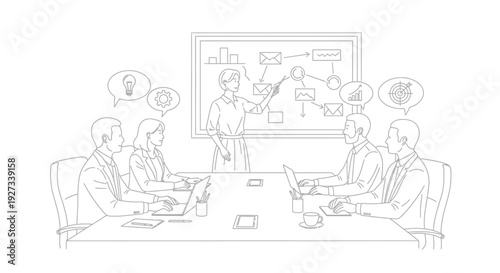 Female manager points to a flowchart diagram on a whiteboard during a formal business meeting while colleagues use laptops at the conference table.
