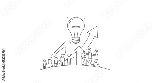 Team of diverse business people collaboratively pushing a large upward arrow towards a glowing lightbulb representing shared innovative ideas and progress.