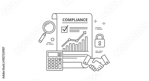 Compliance document with magnifying glass, calculator, handshake, and padlock illustrates legal adherence and financial agreement in a business context.