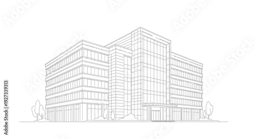 Large modern corporate office building facade features extensive glass curtain walls and structured symmetry under bright daylight conditions.