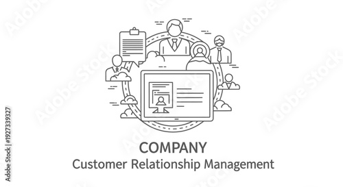 Customer Relationship Management concept illustrates interconnected profiles and data displayed on a central computer monitor surrounded by abstract business personnel icons.