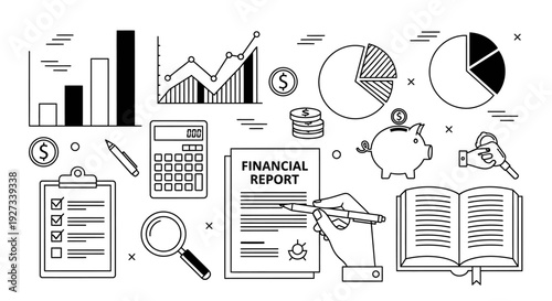 Collection of business and financial management symbols shows various charts, graphs, a calculator, and hands interacting with a financial report document for analysis.