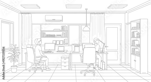 Two professionals seated at desks inside a modern office interior with computers, air conditioning unit, and filing cabinets work diligently in a structured environment.