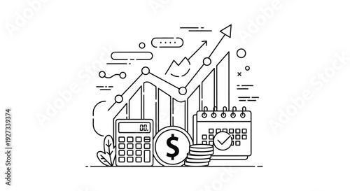 Financial growth concept featuring a calculator, a large dollar coin, stacked coins, and a calendar next to an imposing bar chart with an ascending arrow indicating positive trends.