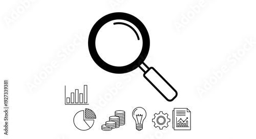 Magnifying glass hovers over various analytical icons such as bar charts, pie charts, lightbulbs, and gears representing detailed business investigation and searching for solutions.