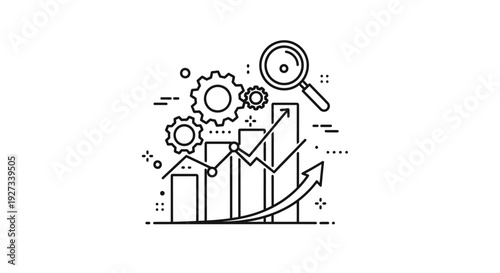 Magnifying glass over rising bar chart with gears illustrates financial analysis and business process optimization for corporate growth.