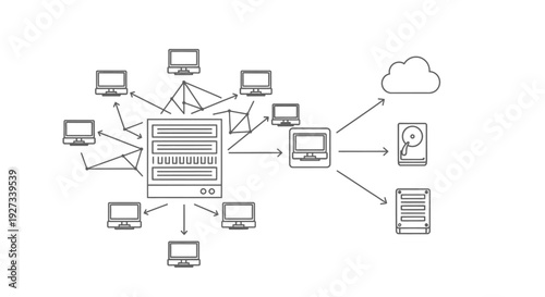 Network diagram illustrates data flow from numerous connected computers to a central server, subsequently transmitting information to cloud storage and local hard drives.