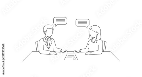 Two business professionals seated across a table engage in serious dialogue, exchanging documents beneath speech bubbles illustrating a formal negotiation or interview process.