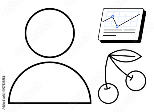 Abstract person outline with analytics chart and cherries symbolizing teamwork, data insights, productivity, well-being, decision-making, growth, and balance. Ideal for presentations, apps branding