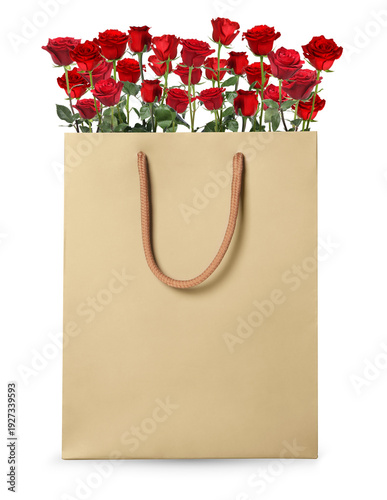 Red roses in paper bag on white background. Romantic gift