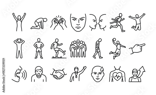 People and gesture icons showing sports emotion and teamwork on white