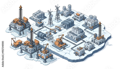 Isometric illustration of an oil refinery complex with various industrial structures.