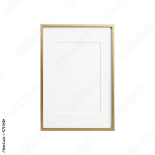 Thin gold frame with white mat and blank white space isolated on a transparent background