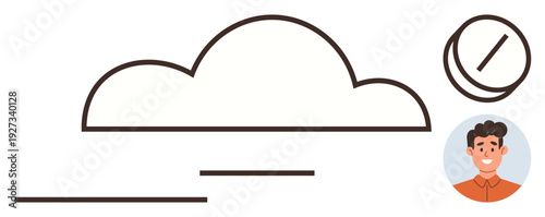 Cloud technology, online security, digital identity, communication, data storage, user avatar. Outlined cloud, smiling individual and security symbol. Cloud technology and online security focus