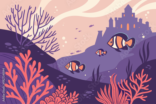 Fantasy Underwater World with Clownfish, Coral Reefs, and Sunken Castle