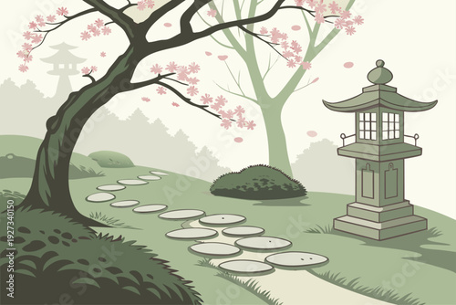 Serene Japanese Garden with Cherry Blossoms and Stone Lantern