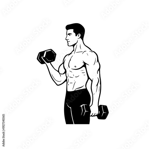 muscular man performing bicep curls with dumbbells line art illustration