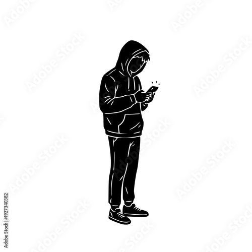 anonymous hacker in hoodie using smartphone silhouette vector illustration