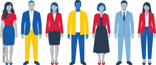 Diverse business team in professional attire, corporate group illustration featuring multicultural men and women in colorful modern office suits