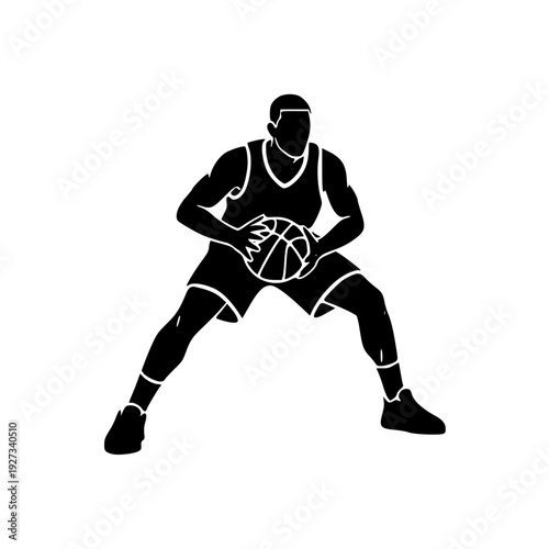 Basketball Player Silhouette Illustration – Athlete Dribbling Ball, Sports Training Vector Icon Graphic