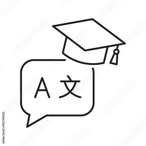 Graduation Cap With Language Speech Bubble Icon. Language Learning, Translation, Education Symbol. Multilingual Communication And Academic Achievement. Editable Stroke. Isolated Vector Illustration