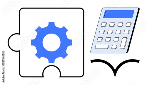 Business management, analytics, financial planning, problem solving, teamwork, education. Gear puzzle piece and calculator. Business management and analytics concepts