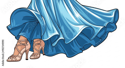 Woman wearing blue dress and high heels elegant fashion illustration dynamic skirt movement stylish footwear