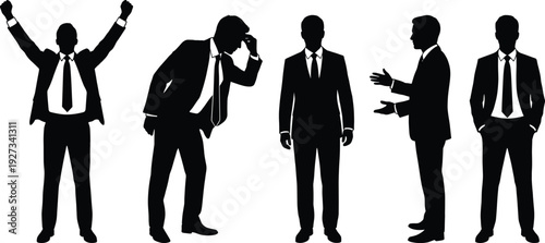 Set of businessman silhouettes in various poses including celebrating success, feeling stressed, standing confidently, presenting, and waiting, professional vector