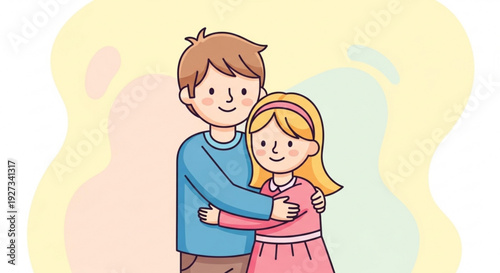 Smiling brother and sister hugging happy children in colorful background sibling love and affection concept