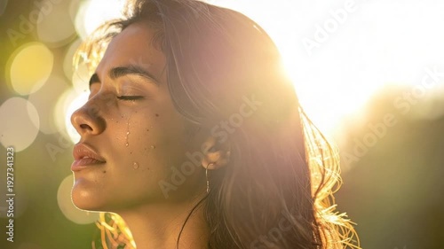 Young woman with closed eyes and tears on face bathed in golden light