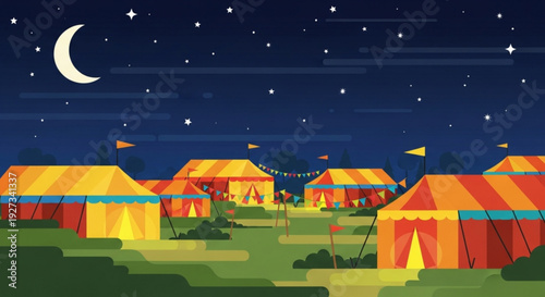 Vibrant circus tents under starry night sky with crescent moon colorful flags waving festive outdoor setting for fun and adventure