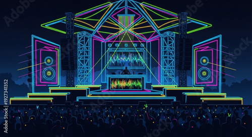 Vibrant neon concert stage with speakers and crowd at nighttime music festival with colorful lights and sound equipment