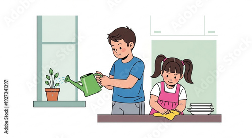 Father and daughter cleaning and watering plants together indoors