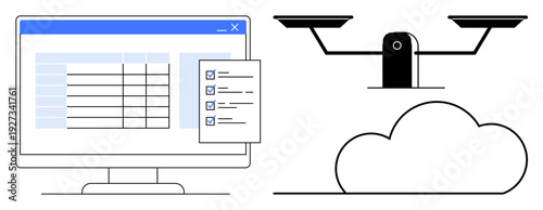 Cloud computing, digital security, data management, remote work, business technology, analytics. Monitor displaying a data table with a checklist. Cloud computing and digital security concept