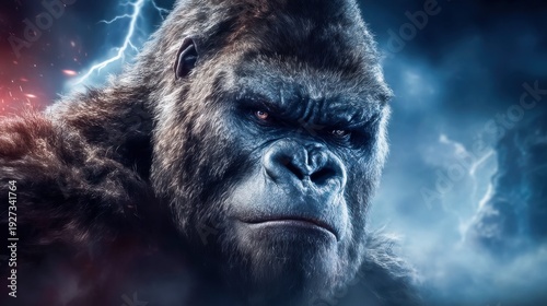 Fierce gorilla with intense gaze stares forward against a stormy, lightning-filled sky